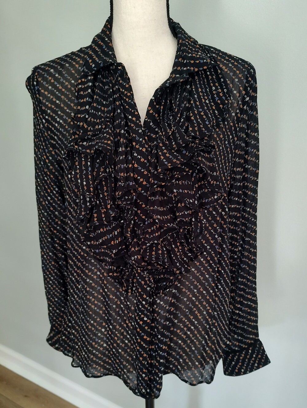 Ganni Georgette Ditsy Floral Ruffle Blouse Top Black Cottagecore EU 40 US L